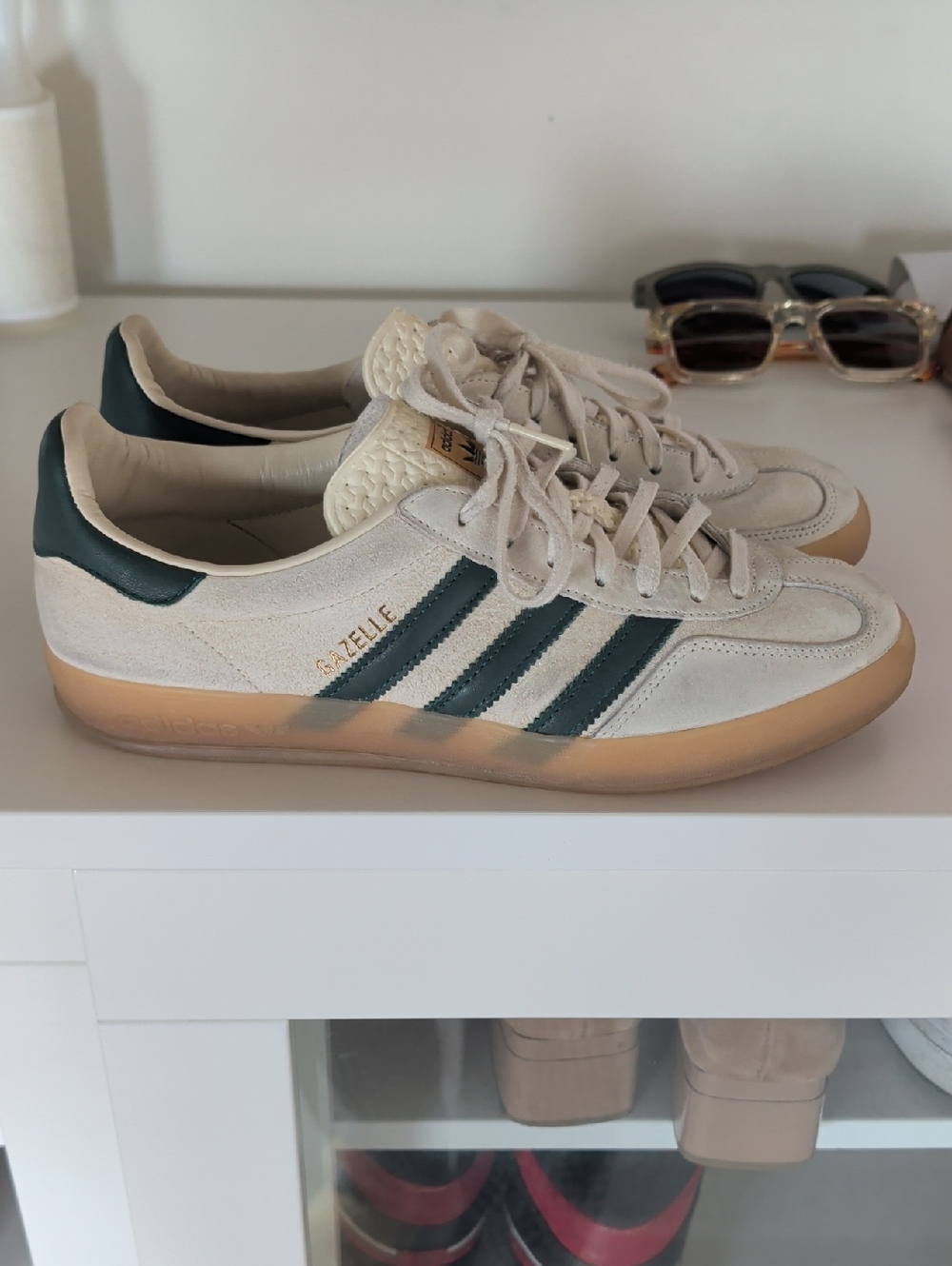 Adidas Gazelle Suede Sneakers in Off-White and Dark Green